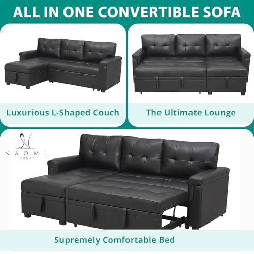 Naomi Home 85 in. Convertible Sofa with Storage, Reversible L Shape Sofa Couch with Chaise, Comfy Sectional Couches for Living Room - Black
