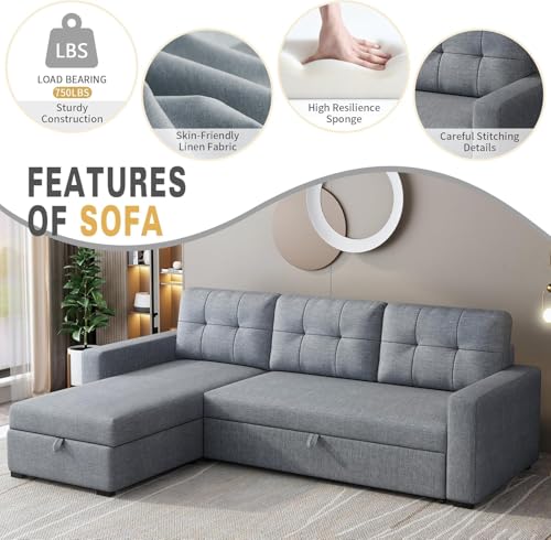 Ball & Cast Convertible Sofa Bed with Reversible Storage Chaise,Linen Sleeper Sofa Couch L Shaped Pull Out Couch Bed