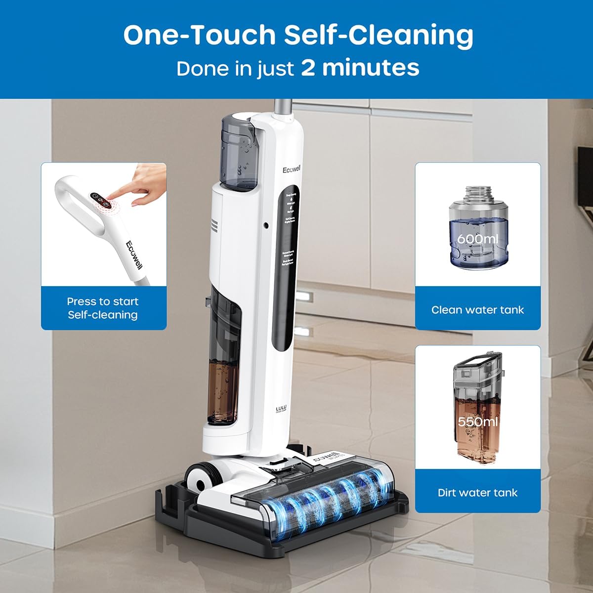 ECOWELL Cordless Wet Dry Vacuum Cleaner, Smart Vacuum, Mop, and Self-Cleaning System Combo with LCD Display, Long Runtime