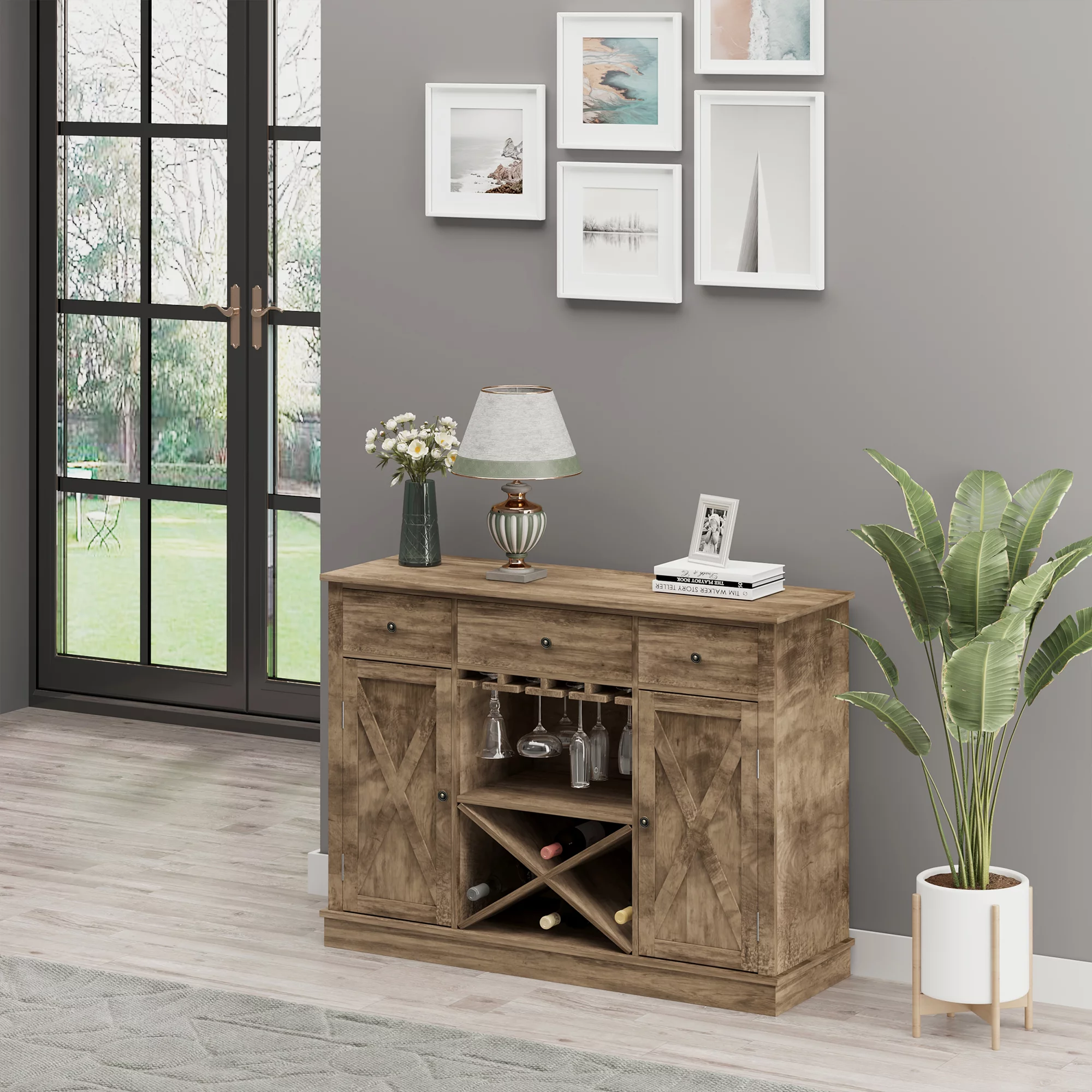 HOMCOM Farmhouse Coffee Bar Cabinet, Wine Cabinet with 3 Drawers, x-Shaped Wine Rack, Rustic Oak Grain