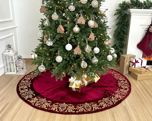 72-Inch Victorian Velvet Christmas Tree Skirt with Gold Damask Embroidery and Plush Lace Ties, Burgundy