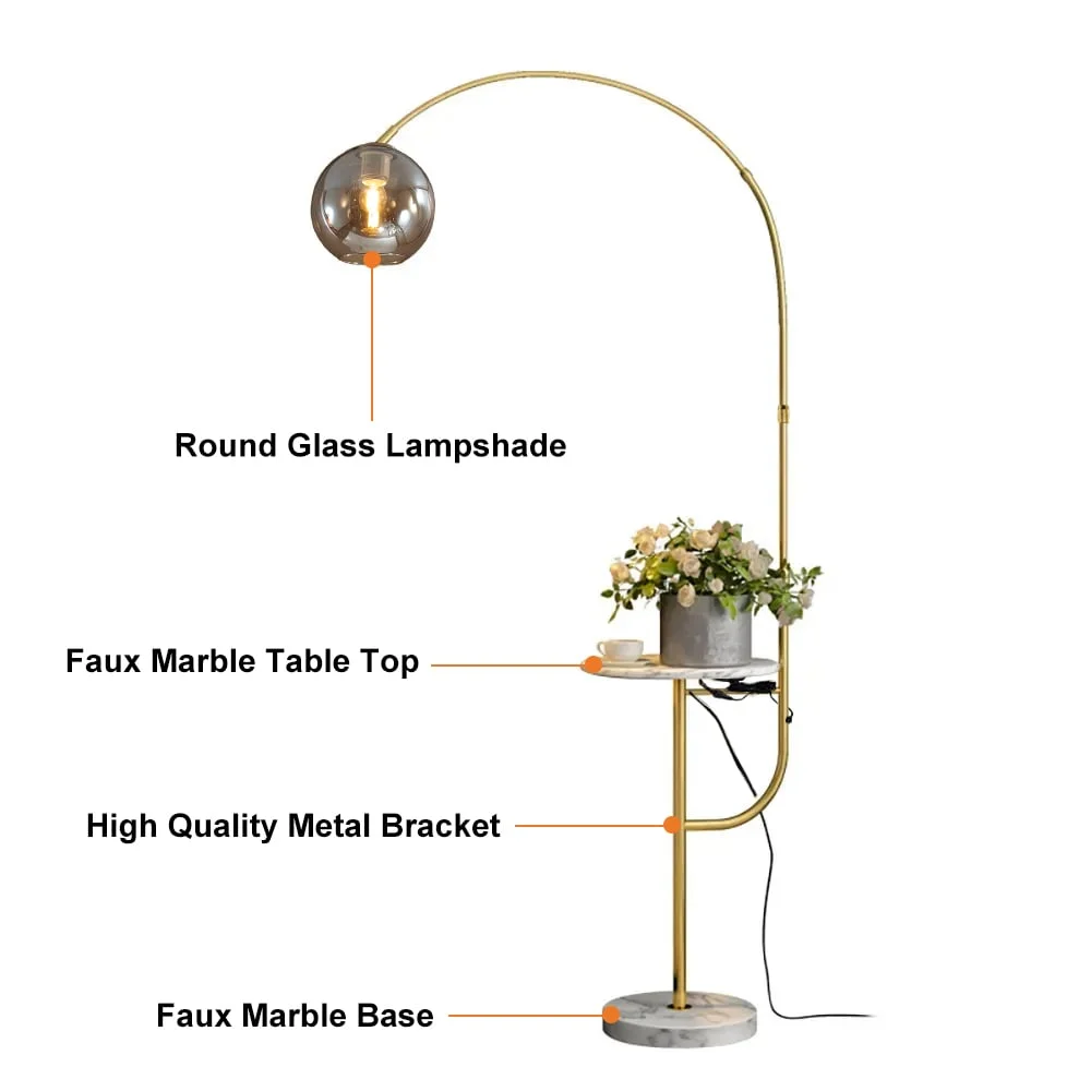 Homary Modern Arc Floor Lamp with Shelf & Wireless Charger & USB Charging Port