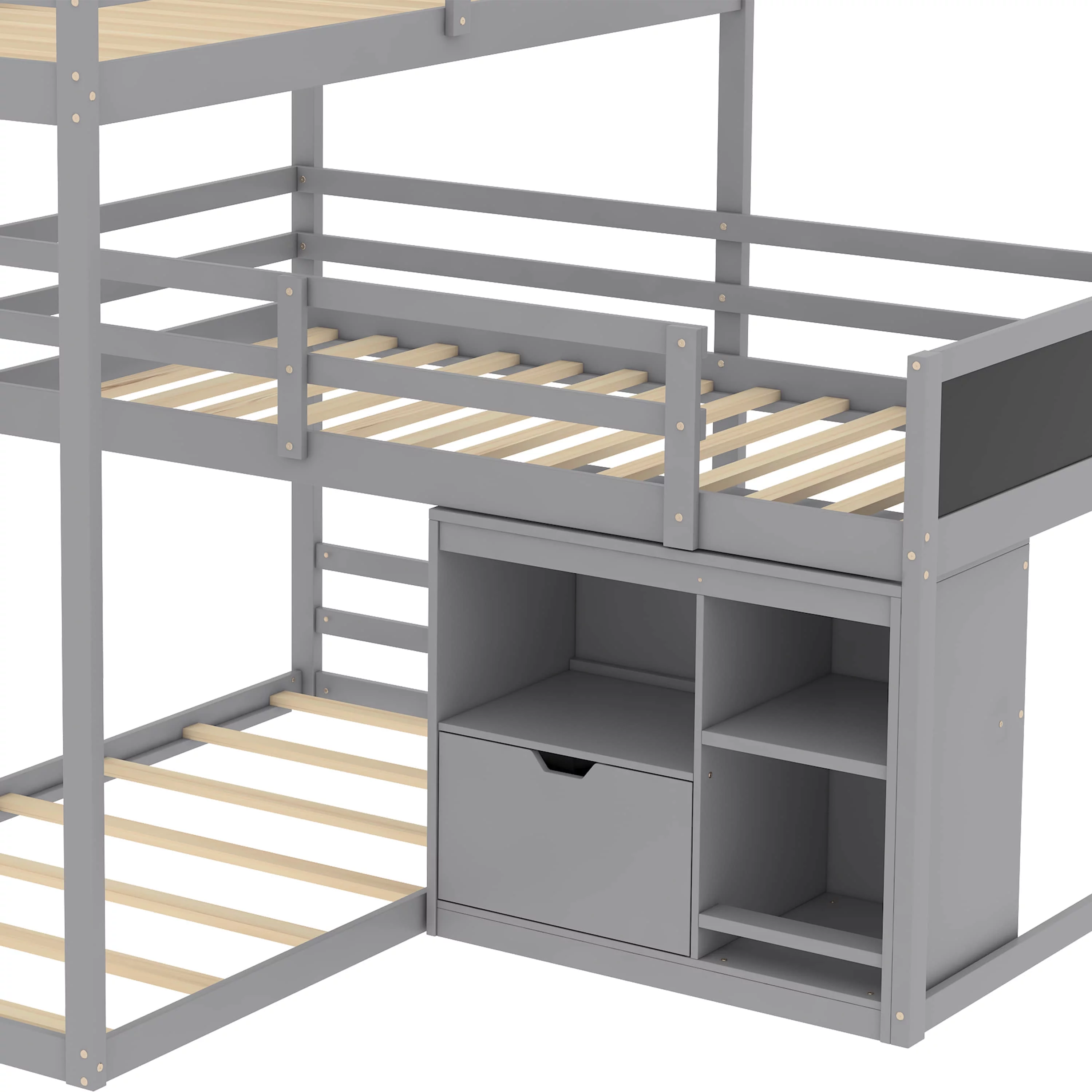 L-shaped Wood Triple Twin Size Bunk Bed with Storage Cabinet and Blackboard, Ladder - Curated Treasures Market