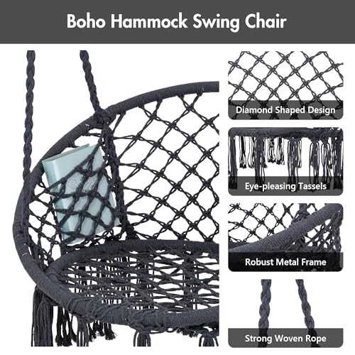 ANOW Macrame Hammock Chair with Stand for Outside, Heavy Duty Hanging Chair Stand with Swing Chair, Includes Seat Cushion, Max 400 Lbs, Natural