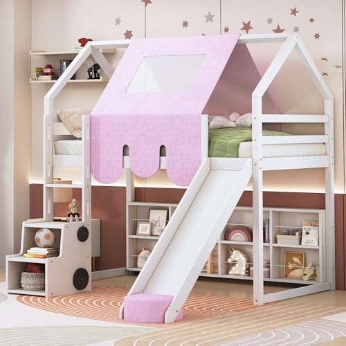 Harper & Bright Designs Kids Twin Low Loft Bed with Slide and Storage Shelves, Wood Playhouse Loft Bed Frame with a Tent & Stairs