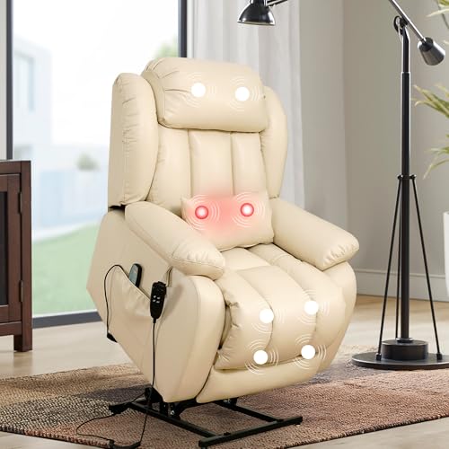EDILLY Large Genuine Leather Power Lift Recliner Chairs for Elderly, Dual Motor with Massage and Heating,Double Lumbar Cushion and Extended Footrest