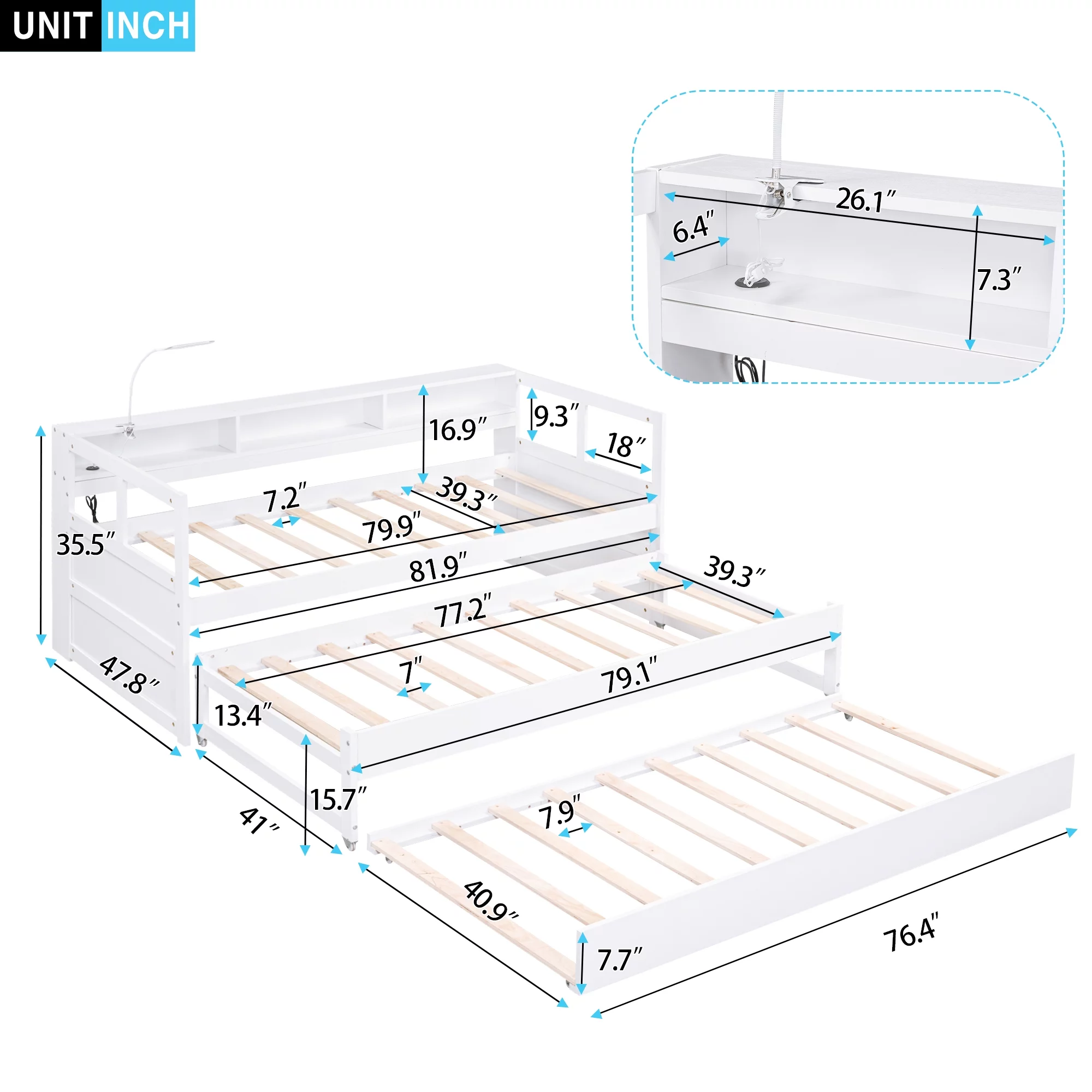 EUROCO Twin Platform Bed with Storage Shelf, Convertible Daybed with Night Light and USB Charging for Kids Teens Adults, 3 Beds in One, White