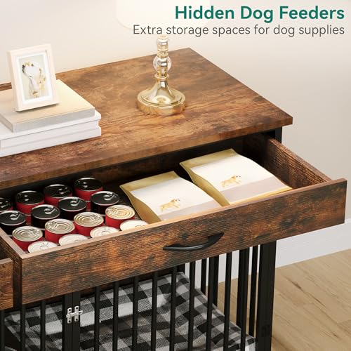 DWVO Double Dog Crate TV Stand with Dog Feeder, 74.8" Wooden Large Dog Kennel with Storage, Double Dog Crate Furniture for 2 Small Medium Dogs, Brown