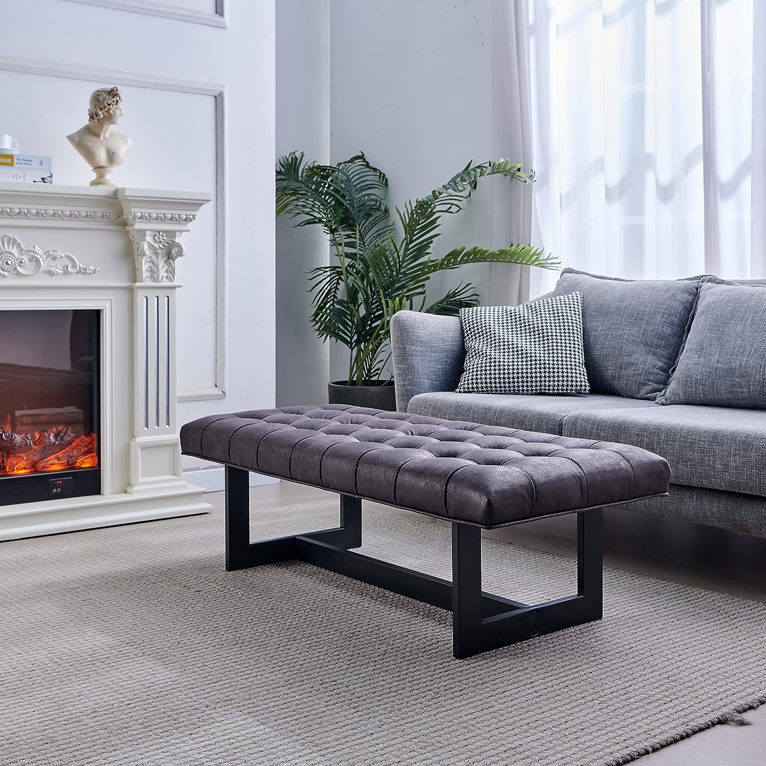 Nathaniel Home Button-Tufted Kids Ottoman, Upholstered Bedroom Benches, Vegan Leather Footrest Stool Accent Bench