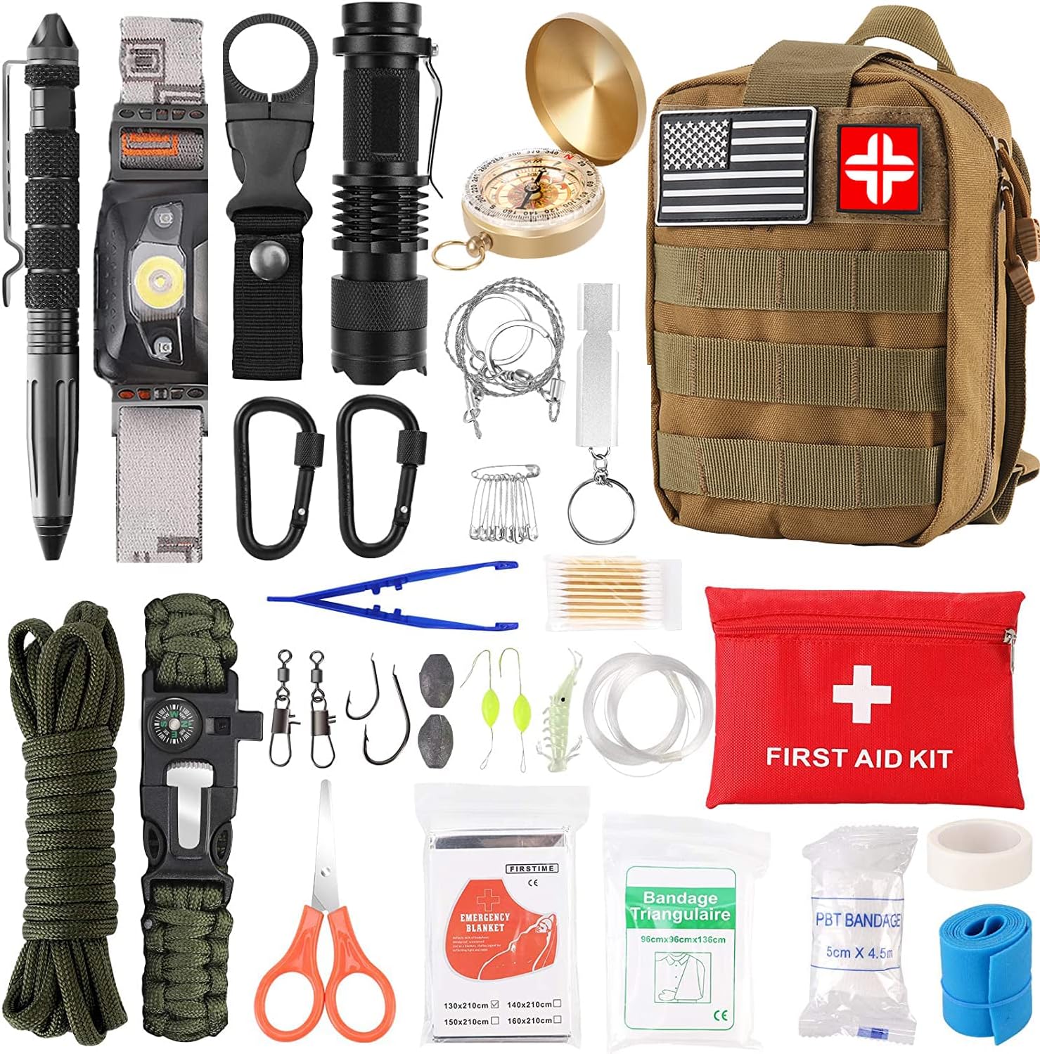 Emergency Survival Kit and First Aid Kit, 142Pcs Professional Survival Gear and Equipment with Molle Pouch, for Men Camping Outdoor Adventure