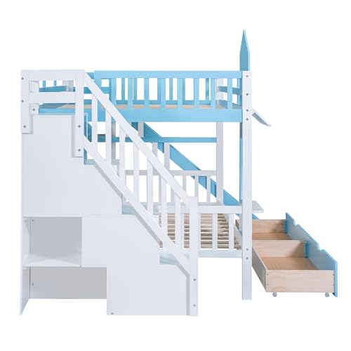 Harper & Bright Designs Twin Over Twin Bunk Bed with Stairs and Slide, Solid Wood Bunk Bed Frame with Storage Drawers and Bookshelf