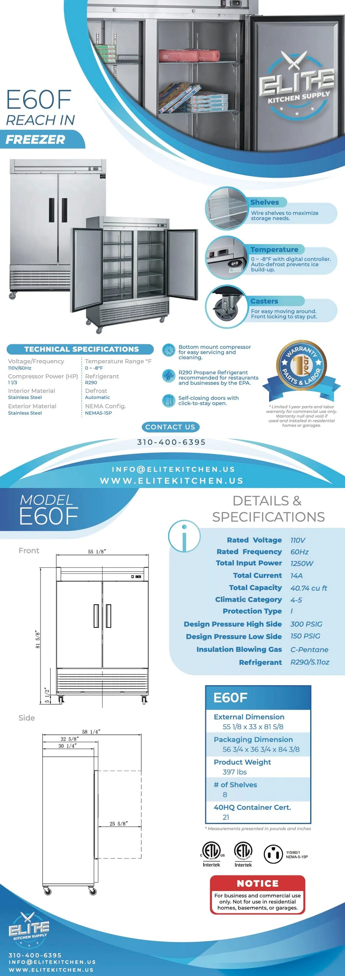 55 in. Auto-Defrost Two Door Commercial Upright Reach-in Freezer in Stainless Steel 40.7 Cu. Ft.