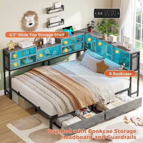 DICTAC Corner Twin Bed Frame with Bookcase Storage and Led Lights Metal Twin Size Platform Beds with Storage and Charging Station Twin Daybed with 2