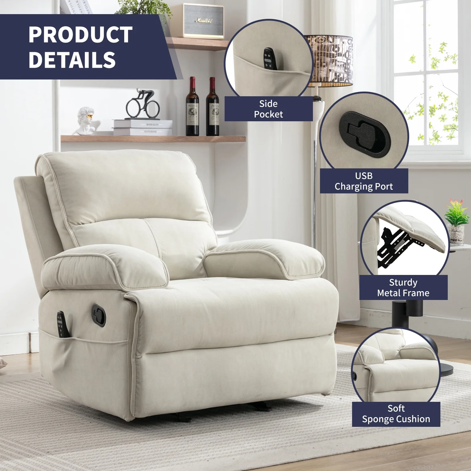 ijuicy Recliner Chair for Adults, Baby Velour Fabric Reclining Sofa Chair with Heat Vibration Function, Lazy Sofa Lift Chair