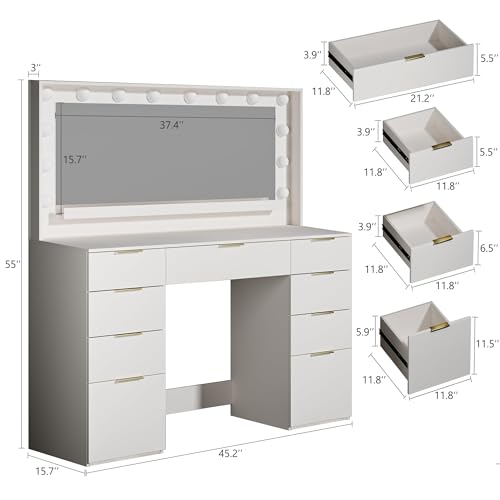 Vanity Desk with Large Mirror and Lights, 45.3in Makeup Vanity with Power Outlet 9 Drawers & Storage, 3 Lighting Color Adjustable