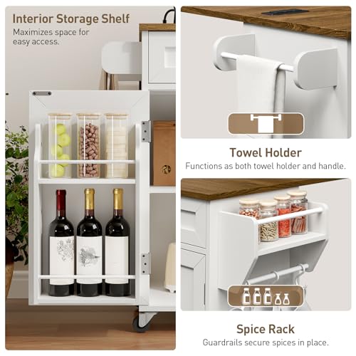 Kitchen Island with Power Outlets & Drop Leaf, Kitchen Cart with Storage, Drawer and Spice Rack, Tower Rack, Island Table, White and Walnut