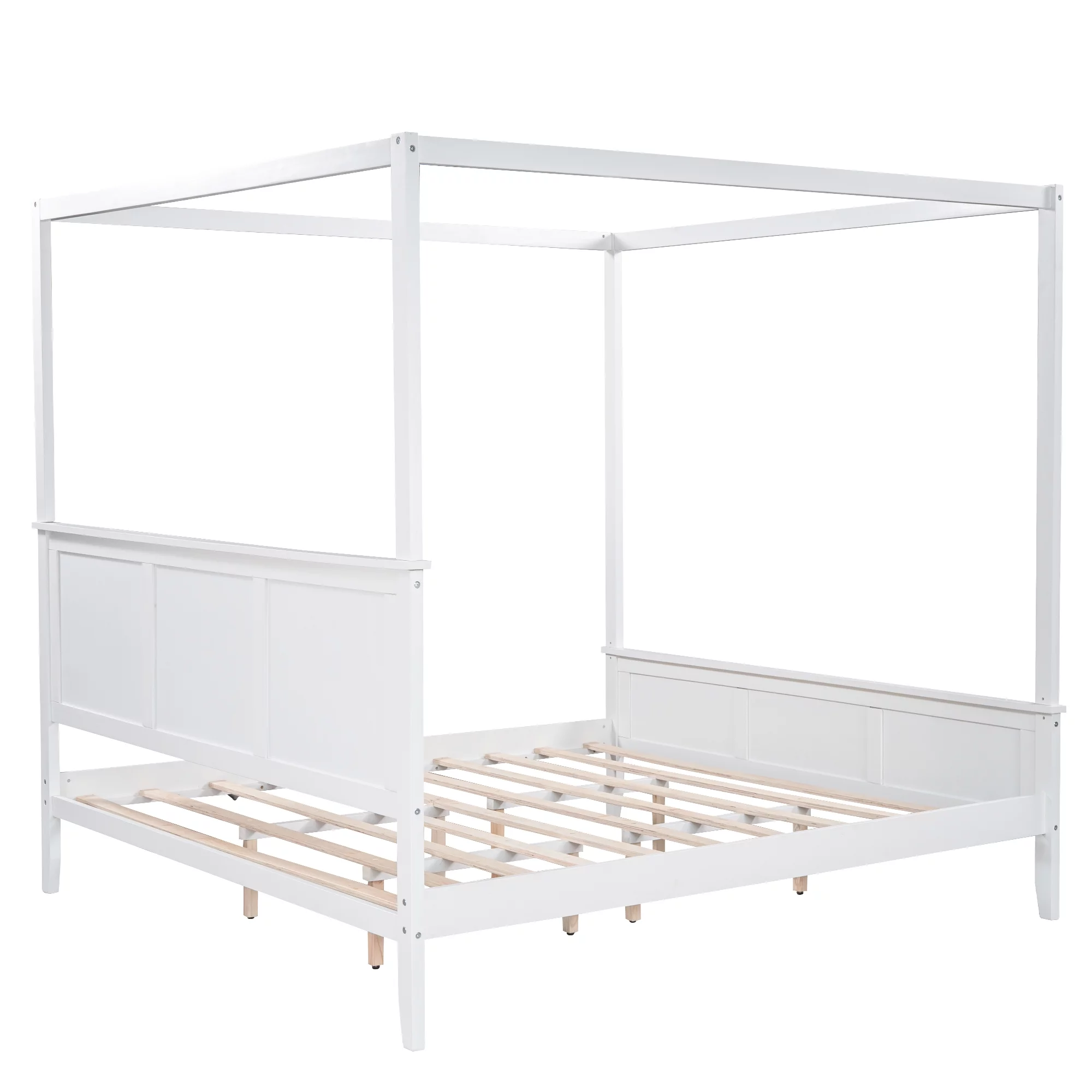 Euroco King Size Canopy Platform Bed with Four Slat Support Leg, White