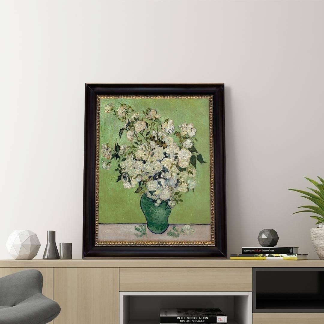 Vase of Roses by Vincent Van Gogh 1890 Oil Painting Print on Canvas 20 in. x 24 in. - Plastic - Black