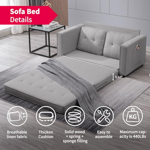 MUZZ Pull Out Couch, 55" W Upholstered Loveseat, Futon Sleeper Couch with 2 Side Pockets, Gaming Floor Couch Bed for Living Room, Bedroom