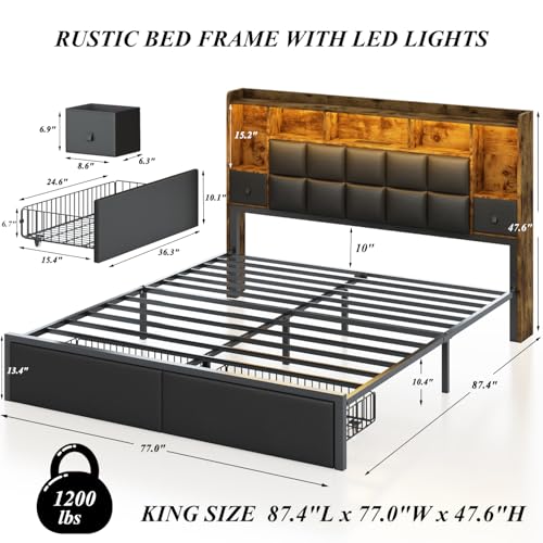 LED Bed Frame Full Size with Bookshelf Headboard, 2 Hidden Storage Drawers, Upholstered Platform Metal Bed Frame with Charging Station