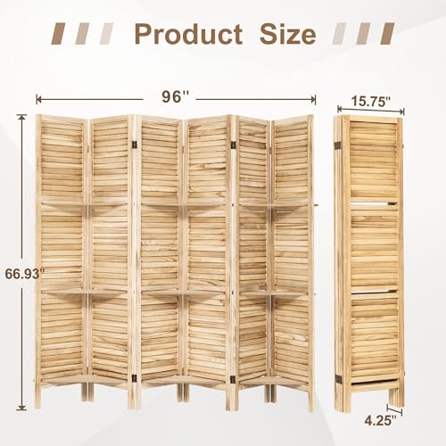 Osparple Room Divider with Shelves 6 Panel Wooden Folding Room Dividers Privacy Screen Wall Divider for Room Separation for Office and Apartment