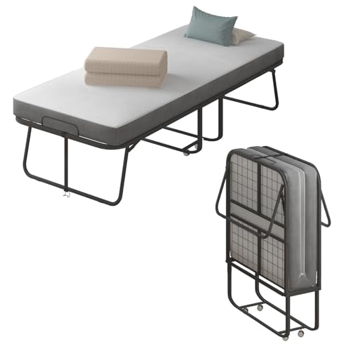 Folding Bed with Mattress for Adults, Portable Folding Bed with 4" Foam Mattress, Single Rollaway Beds with Metal Frame