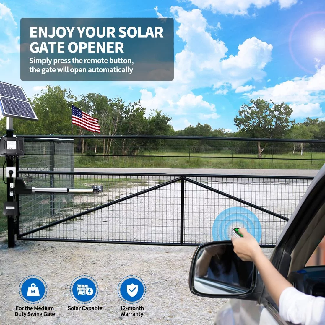 TOPENS AT6131S Solar Single Swing Gate Opener Medium Duty Automatic Gate Motor for Single Swing Gates Up to 18ft