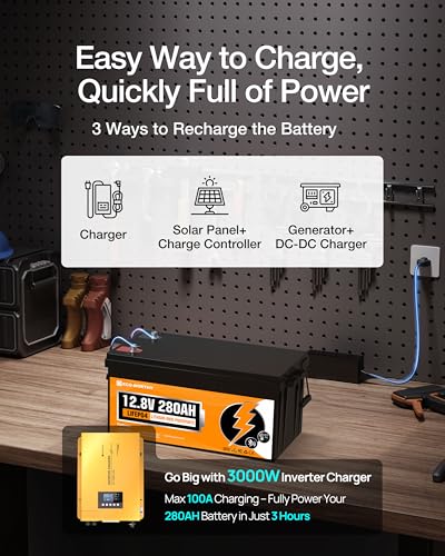 ECO-WORTHY 12V 280AH LiFePO4 Lithium Battery with Bluetooth, Low Temp Protection, Built-in 200A BMS, 3584Wh Energy. Perfect for, RV