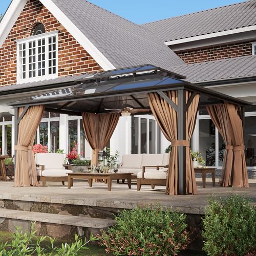 Aoxun 12'x16' Hardtop Gazebo, Aluminum Frame Permanent Pavilion with Netting and Curtains, Outdoor Polycarbonate Double Roof Canopy