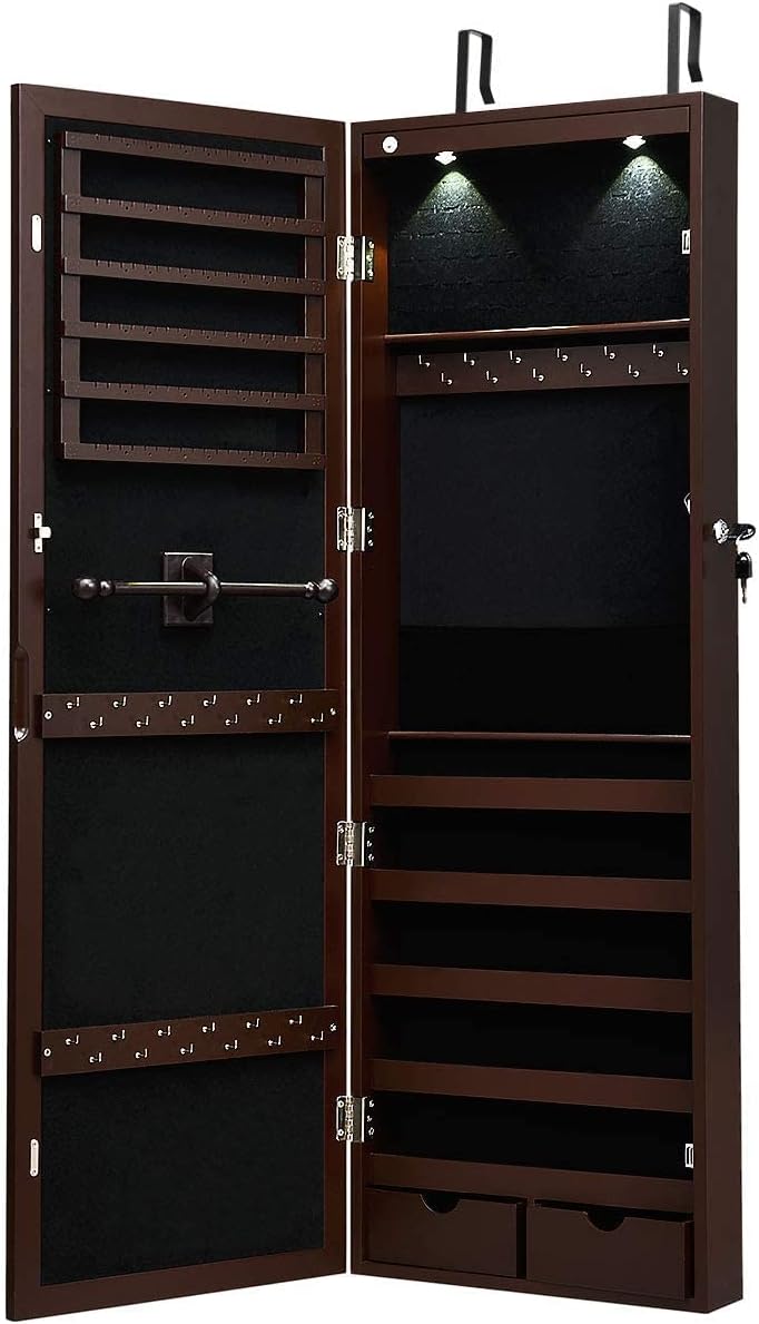 Giantex Jewelry Armoire Wall Door Mounted, Lockable Jewelry Cabinet with 42.5'' Full Length Mirror, 2 LEDs Jewelry Organizer Box with 2 Drawers