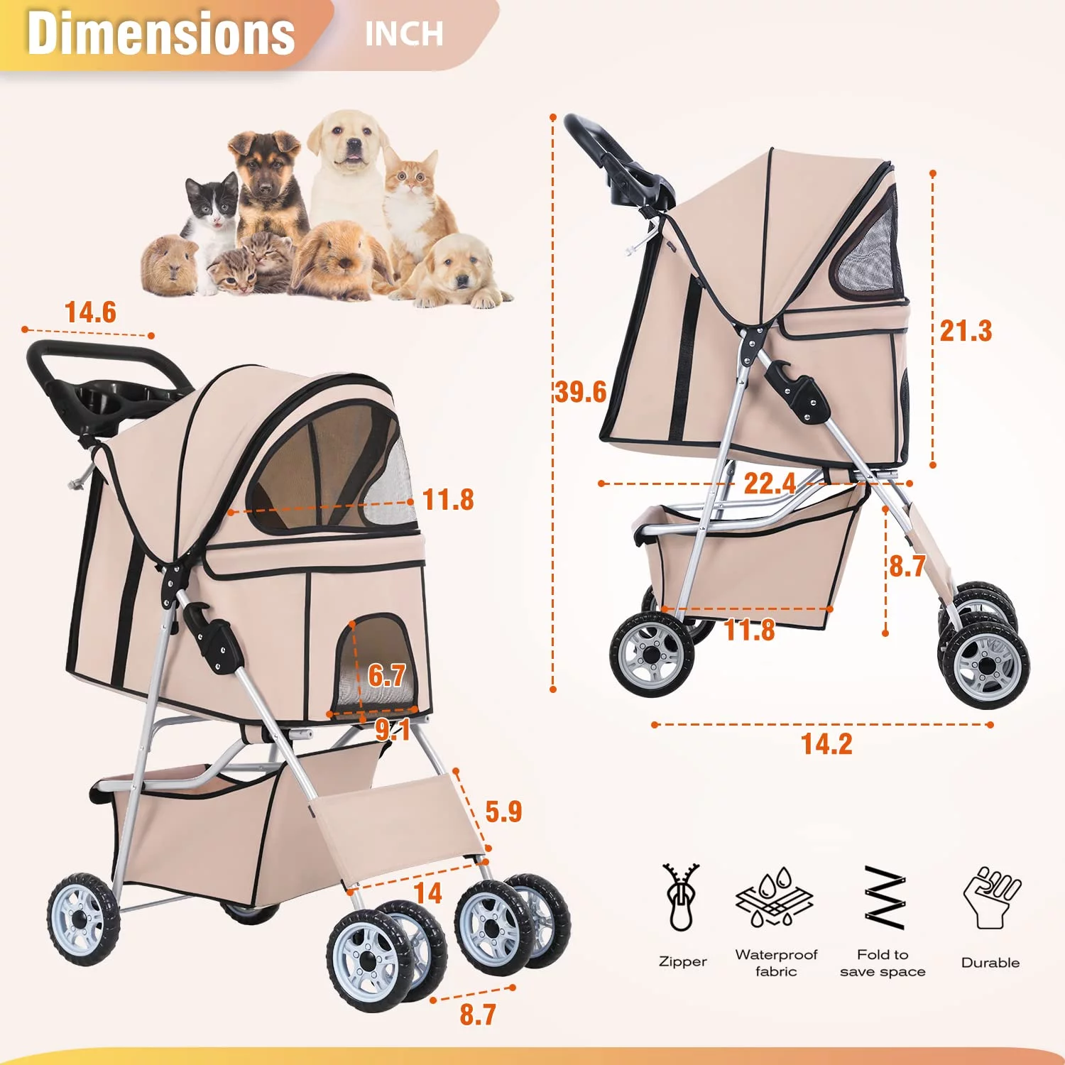 BestPet Pet Stroller Cat Dog Cage Stroller Travel Folding Carrier,Beige - Curated Treasures Market