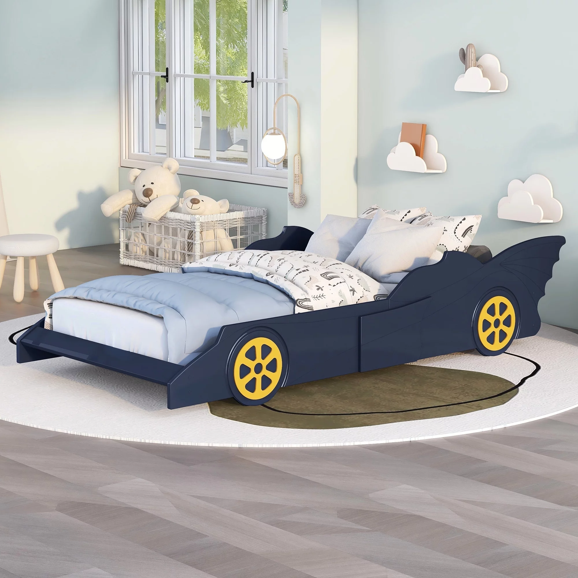 iRerts Race Car Shaped Twin Bed Frame, Wood Twin Platform Bed Frame for Kids Toddlers, Children Twin Size Platform Bed with Wheels, Wooden Slats