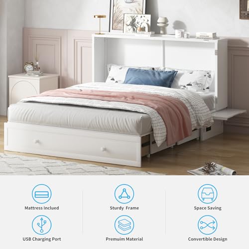 Mjkone Murphy Bed, Queen Cabinet Beds with Tri-fold Mattress and Built-in USB Charging Station/Drawer