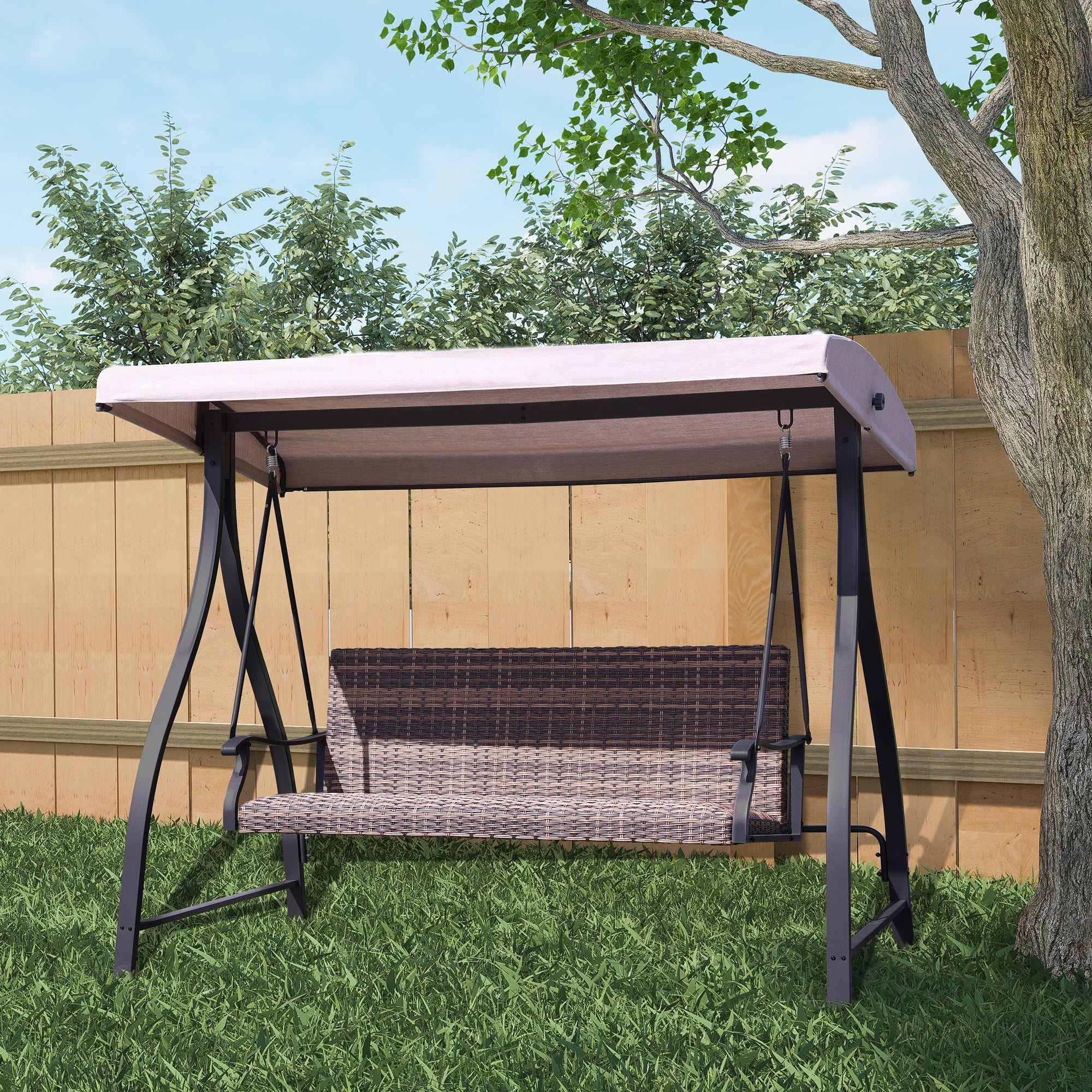 Aoodor-3-Seat Outdoor Rattan Patio Swing with Adjustable Brown Canopy, Built-in Quick-drying Foam Seat, Rattan Wicker, Rust-resistant Iron Frame