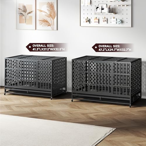 48/42 Inch Heavy Duty Indestructible Dog Crate Steel Escape Proof, Indoor Double Door High Anxiety Cage, Kennel with Wheels, Removable Tray