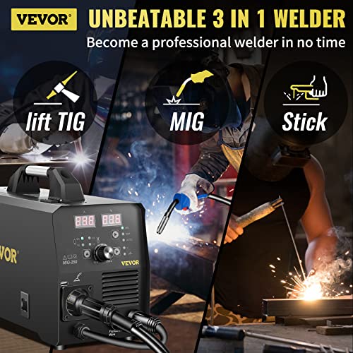 VEVOR 250Amp MIG Welder, Welding Machine 3 in 1, 220V Flux Core/Gas/Solid Wire Welding Machine w/IGBT Inverter & Torch