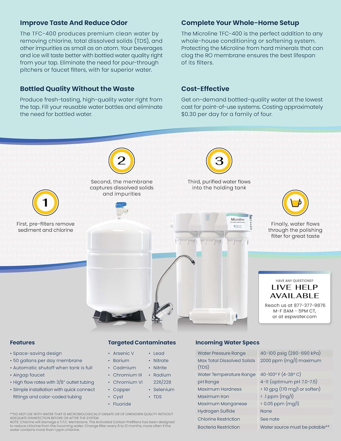 Microline TFC-400-ESP Reverse Osmosis Drinking Water System 50 GPD Under-Sink Filtration