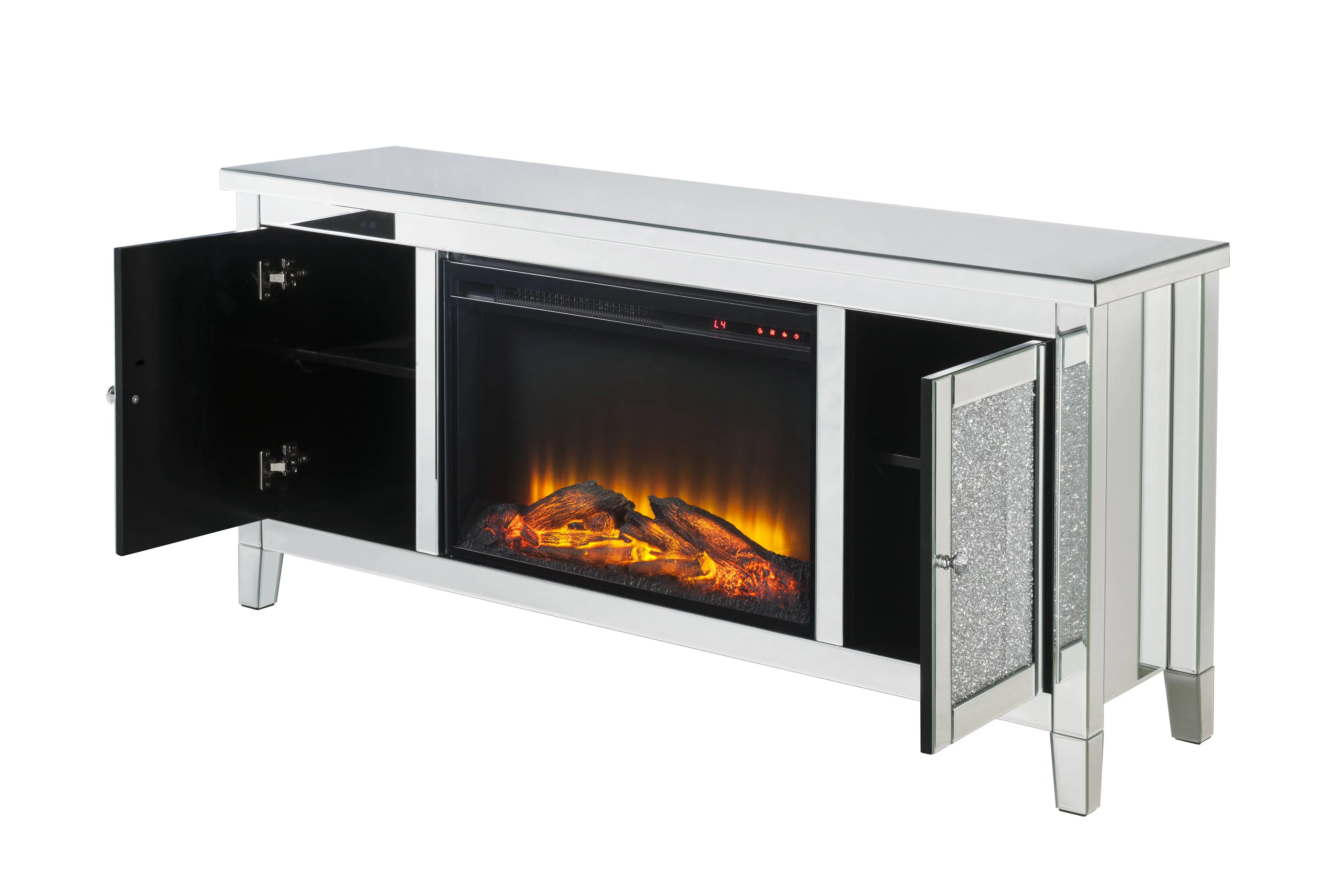 Nora lie TV Stand with Fireplace (LED) in Mirrored & Faux Diamonds