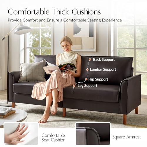 HULALA HOME 78" Faux Leather Sofa with Solid Wood Legs, Mid-Century Modern PVC Leather Couch, Comfy Upholstered 3-Seater Sofa for Living Room Bedroom
