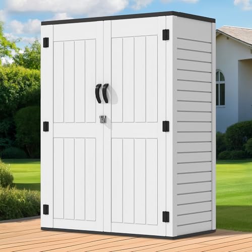 GOOBED Vertical Outdoor Storage Shed, 59 Cubic Feet Resin Tall Shed, Lockable Waterproof Tool Organizer for Garden, Garage, Patio, No Shelves (Brown)