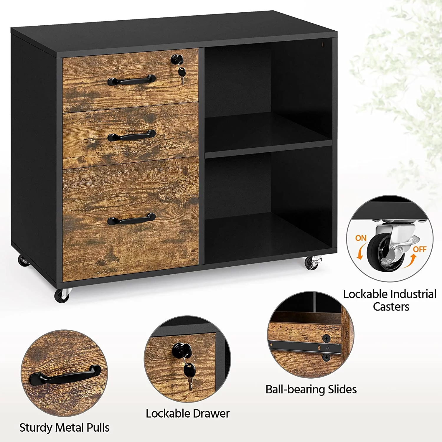 Black File Cabinet with Lock for Letter, A4 Size,3 Drawer Lateral Filing Cabinet Printer Stand with Open Storage Compartments