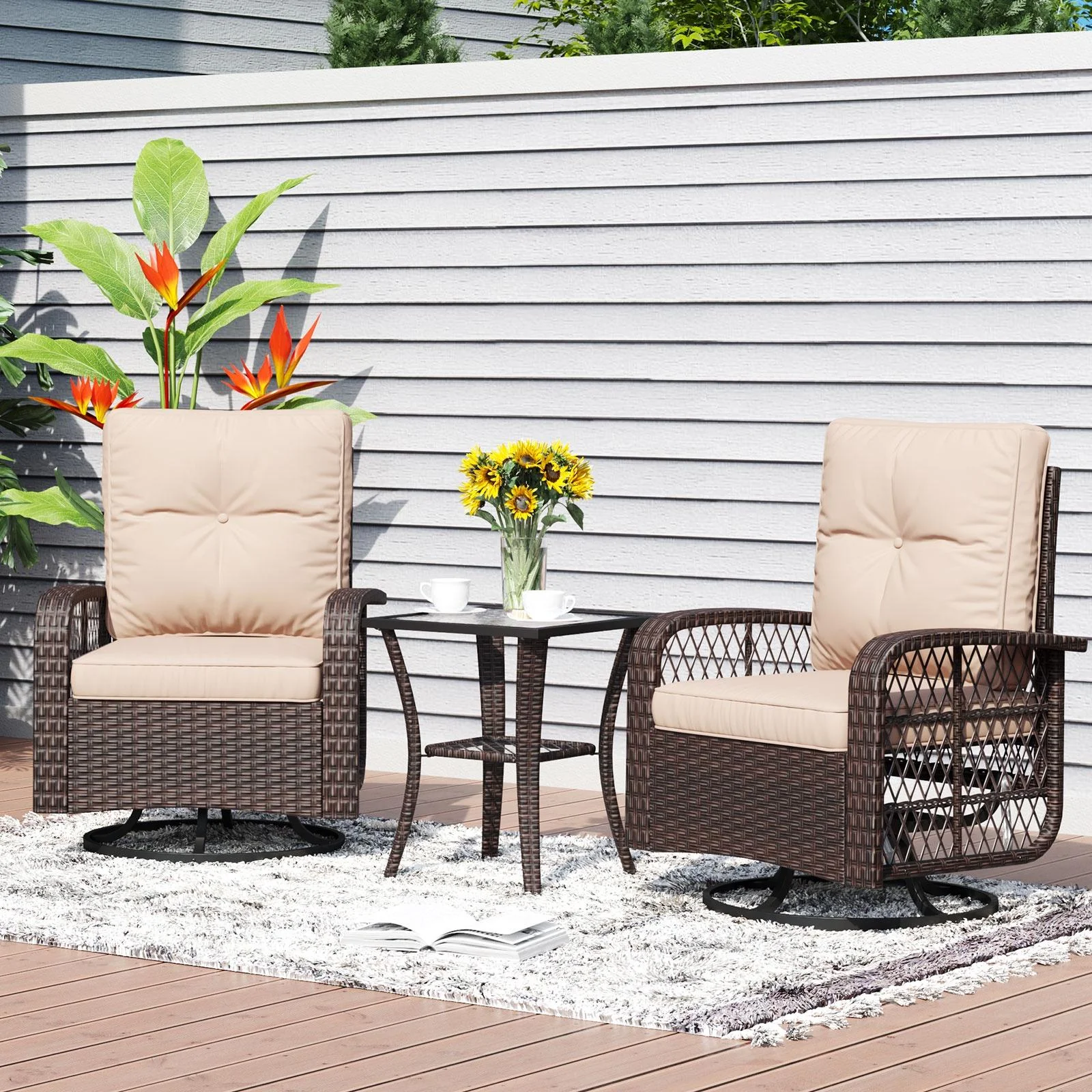 Aoxun 3 Piece Patio Chairs Set, Swivel Rocking Chairs for Patio, Wicker Bistro Set with Beige Cushions, Outdoor Swivel Rocker - Radiant Selections