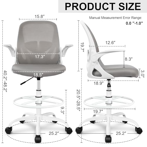 Primy Drafting Chair Tall Office Chair with Flip-up Armrests Executive Ergonomic Computer Standing Desk Chair with Lumbar Support and Adjustable