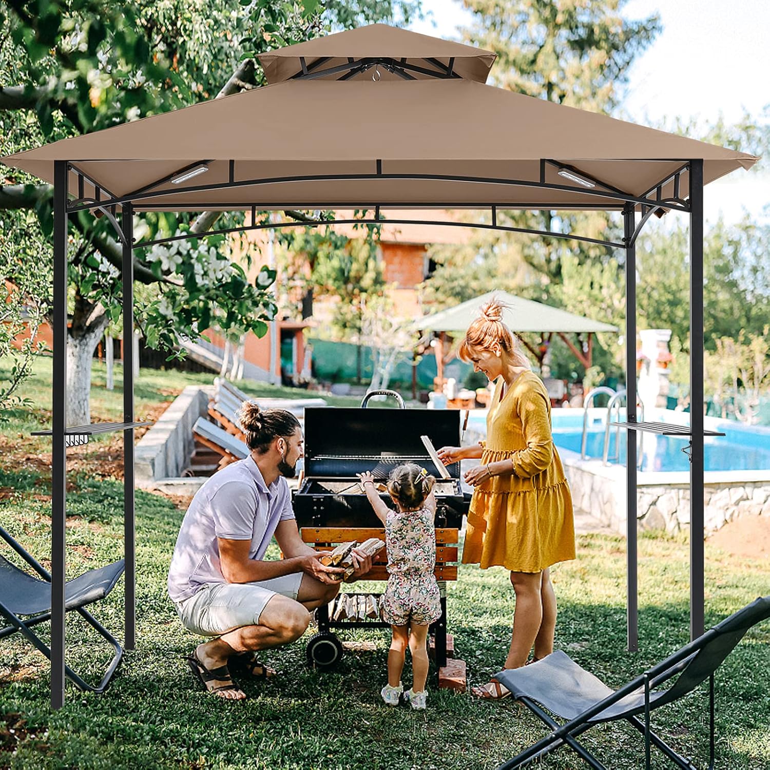 COOSHADE 8'x 5' Grill Gazebo Double Tiered Outdoor BBQ Gazebo Canopy with LED Light (Brown)