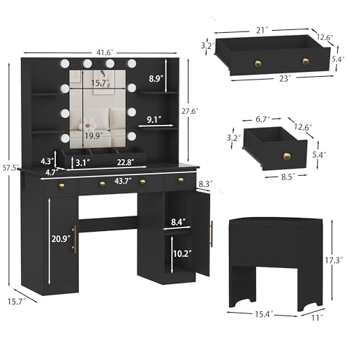 Vanity Desk with Mirror and Lights, Makeup Vanity with Charging Station & Vanity Stool