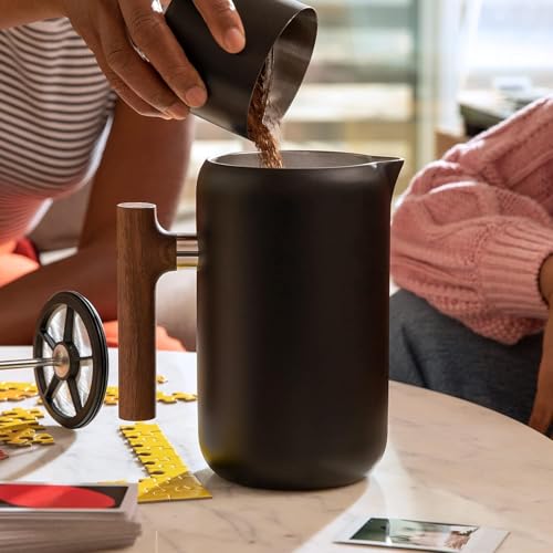 Fellow Clara French Press Coffee Maker - Portable Stainless Steel Coffee Press, Insulated Manual Brewer, Matte Black with Walnut, 24 oz Carafe
