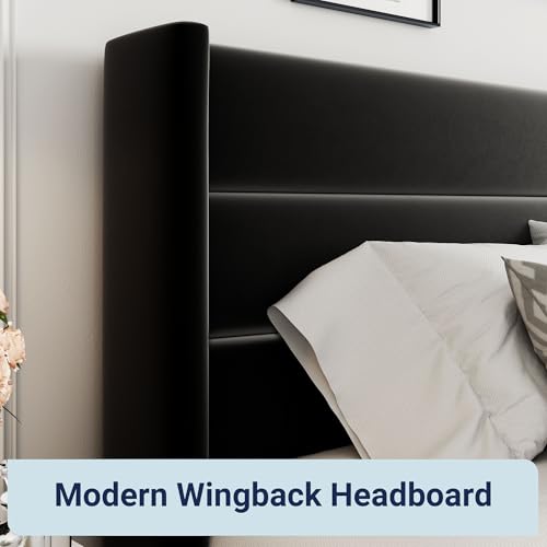 Allewie Full Size Lift Up Storage Bed, Modern Wingback Headboard, Hydraulic Support, No Box Spring Needed, Light Beige