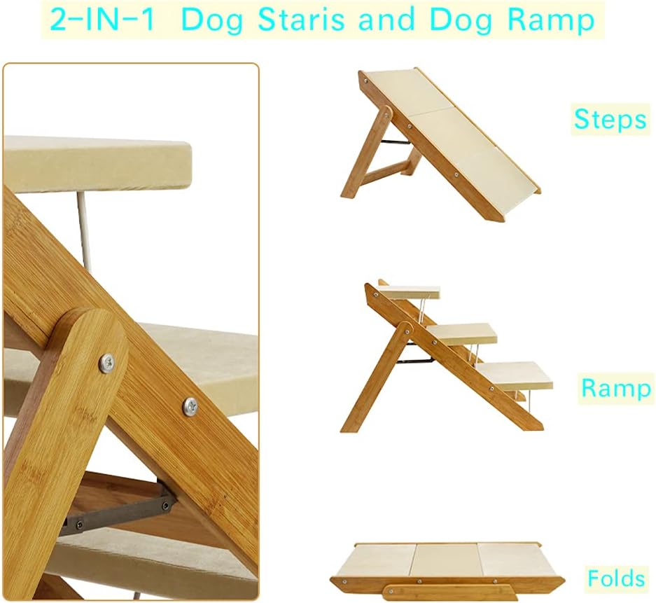 MOUOGO Wooden Pet Stairs/Pet Steps, Bamboo Portable 2-in-1 Pet Ramp for Small to Large Dogs and Cats, Nonslip 3-Step Dog Steps for High Beds
