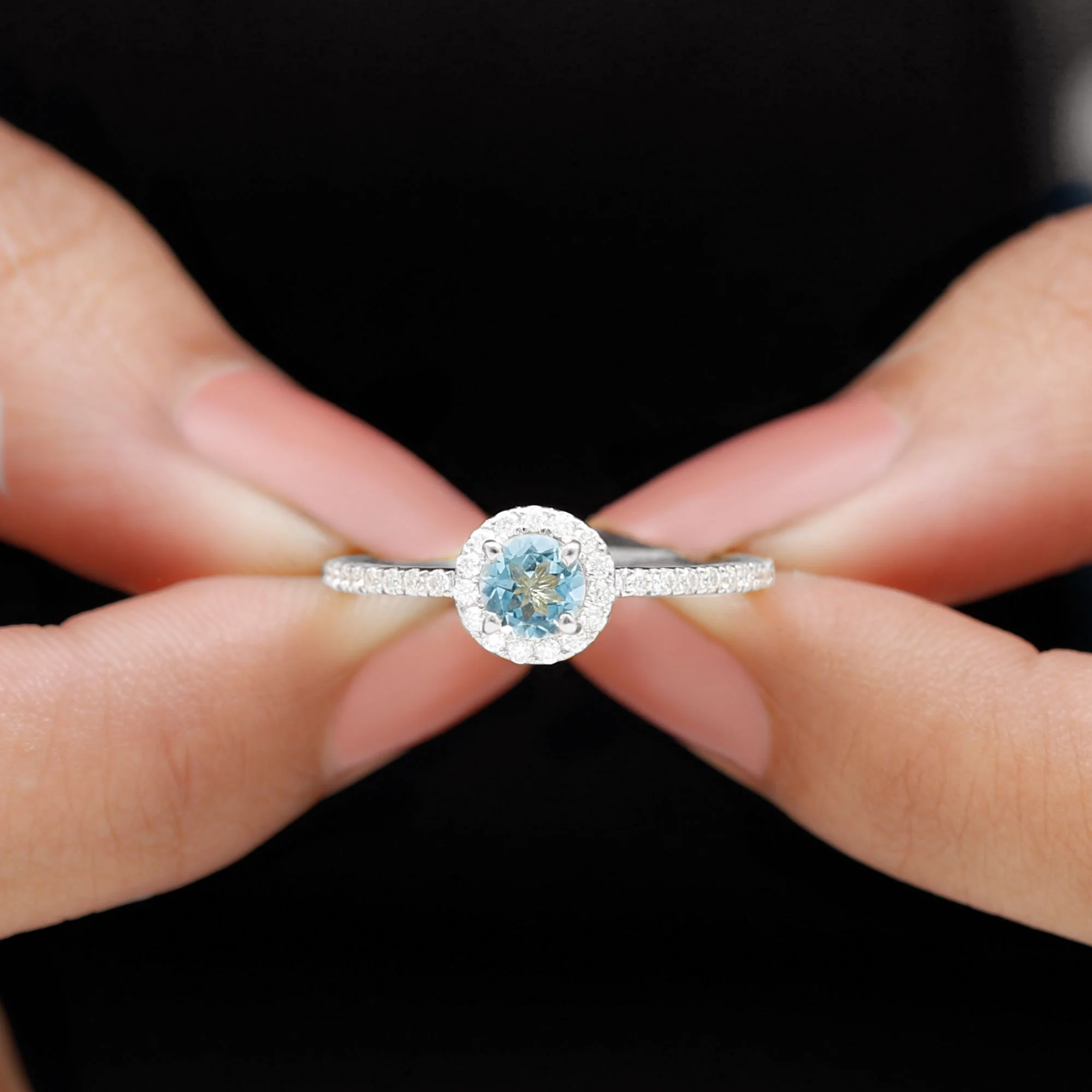 1.25 CT Aquamarine Ring with Diamond Halo for Women (5 mm) - AAA Grade, 10K White Gold, US 6.00