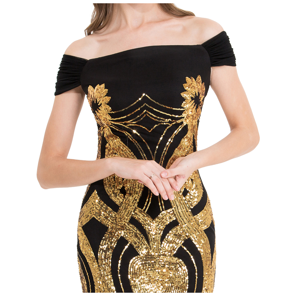 Angel-fashions Vintage Party Gown Women's Off Shoulder Gold Floral Pattern Sequins Sheath Long Evening Dress Medium